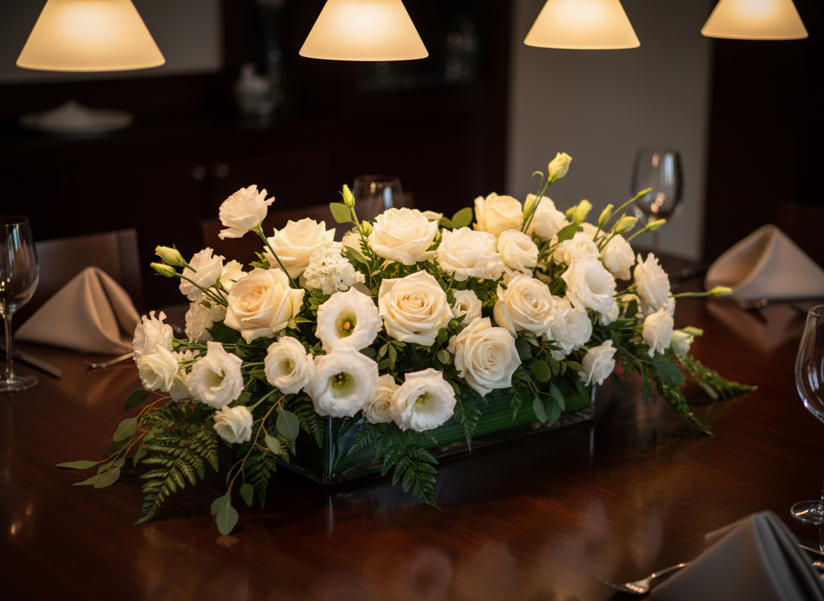 An exquisite long floral centerpiece designed for a formal dining table, featuring white and champagne-colored roses, lisianthus, and delicate greenery cascading gently over the edges of a low rectangular glass vessel. The centerpiece sits on a polished dark wood table with a subtle reflection of the flowers visible on the surface. Warm pendant lighting from above creates a golden, intimate glow, casting soft, elongated shadows. In the blurred background, neutral-toned table linens and empty crystal glassware hint at an upscale dinner setting. Captured from a slightly elevated angle with a shallow depth of field, the photographic image feels elegant, refined, and perfect for advertising special-occasion arrangements.
