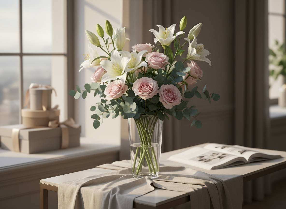 A refined bouquet of white lilies, pale pink roses, and soft eucalyptus arranged in a tall, clear crystal vase, each petal and leaf rendered with crisp photographic realism. The arrangement rests on a light beige linen-covered console table beside a window. Late afternoon natural light pours in, creating gentle highlights on the glass and subtle shadows on the fabric. In the softly blurred background, elegant neutral-toned gift boxes and a hint of a minimalist floral catalog are visible. Shot at eye level with a shallow depth of field and centered composition, the scene feels sophisticated, calm, and luxurious, perfectly suited for a premium flower delivery shop homepage.