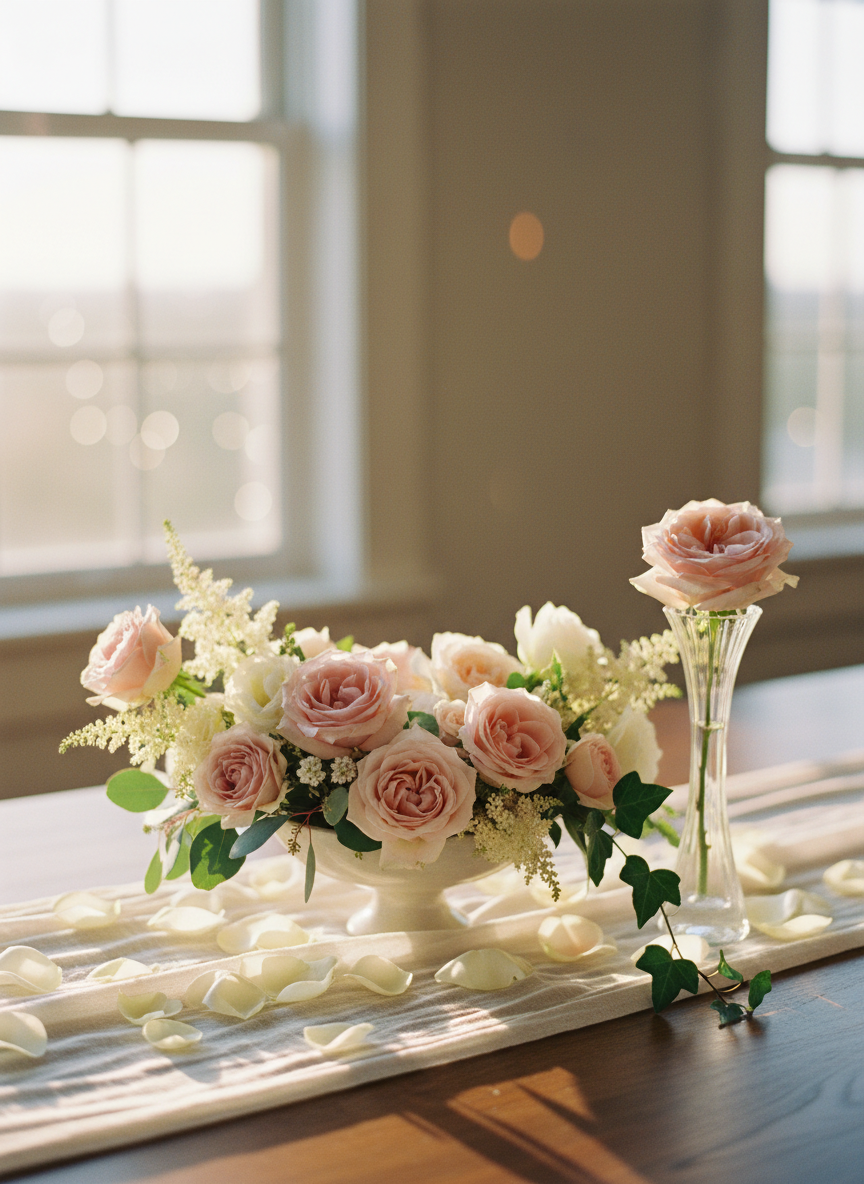An elegant wedding table proposal arrangement featuring a duo of coordinated pieces: a low, airy compote bowl filled with garden roses, astilbe, and soft greenery in a muted blush and ivory palette, paired with a slender matching bud vase holding a single open rose and trailing foliage. They rest on an ivory linen table runner with scattered, carefully placed loose petals. Gentle golden hour light streams in from a nearby window, creating a warm, romantic glow and subtle bokeh in the distant background. Captured from a close, three-quarter angle with a shallow depth of field, the photographic composition feels intimate, romantic, and tailored for sophisticated bridal floral packages.