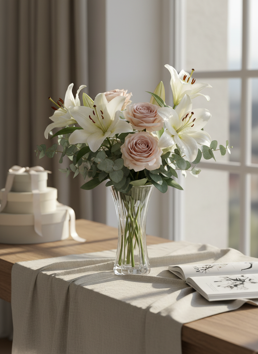 A refined bouquet of white lilies, pale pink roses, and soft eucalyptus arranged in a tall, clear crystal vase, each petal and leaf rendered with crisp photographic realism. The arrangement rests on a light beige linen-covered console table beside a window. Late afternoon natural light pours in, creating gentle highlights on the glass and subtle shadows on the fabric. In the softly blurred background, elegant neutral-toned gift boxes and a hint of a minimalist floral catalog are visible. Shot at eye level with a shallow depth of field and centered composition, the scene feels sophisticated, calm, and luxurious, perfectly suited for a premium flower delivery shop homepage.