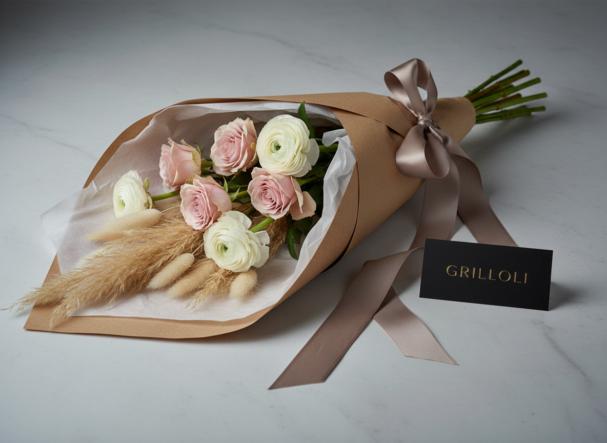 A chic, modern bouquet designed for same-day delivery: tall stems of blush roses, white ranunculus, and wisps of pampas grass wrapped in thick, textured kraft paper lined with soft white tissue and finished with a wide satin ribbon in muted taupe. The bouquet is laid diagonally across a smooth stone counter beside an elegant black card featuring minimalist gold typography showing the Grilloli shop name. Soft, directional studio lighting from the top left creates graceful shadows along the paper folds and subtle highlights on the ribbon. Captured from a slightly elevated angle with a shallow depth of field, the photographic composition feels contemporary, stylish, and ready-to-order.