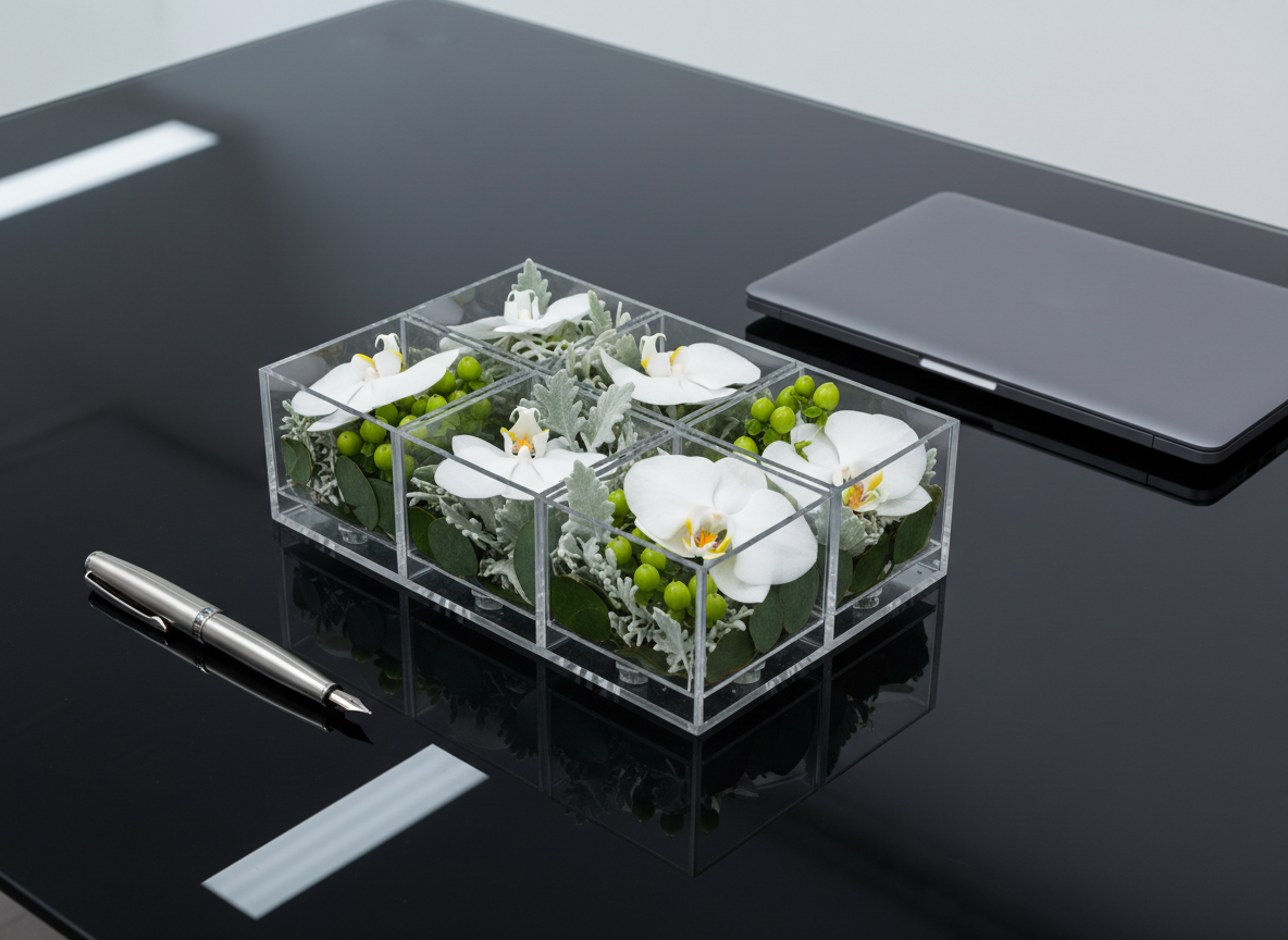 A sophisticated floral arrangement designed specifically for corporate gifting: a rectangular clear acrylic box divided into neat compartments, each holding clusters of white orchids, green hypericum berries, and soft gray-green foliage, arranged with geometric precision. The box rests on a sleek black glass desk next to a minimalist silver pen and a closed laptop. Cool, diffused office lighting creates soft reflections on the glass and acrylic surfaces, emphasizing clean lines and clarity. Captured from a slightly elevated angle with sharp focus throughout, the photographic image has a polished, contemporary, and professional atmosphere, ideal for presenting high-end business floral solutions for delivery.