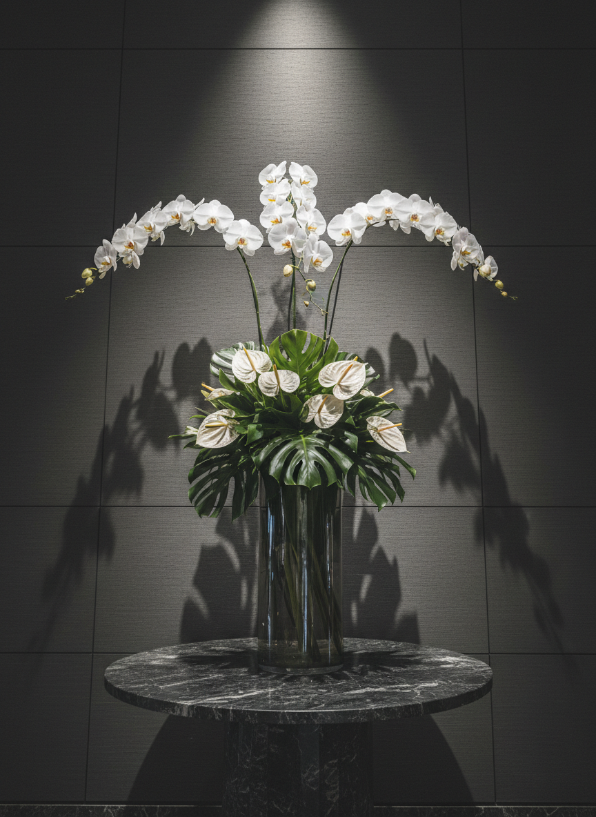 An arrangement specifically created for luxury hotel lobbies: towering stems of white phalaenopsis orchids arching over a dense base of glossy monstera leaves and white anthuriums, all set in a tall, cylindrical smoked-glass vase. The arrangement is placed on a round, dark stone pedestal table in front of a textured, charcoal-colored wall. Spotlight-style overhead lighting accentuates the sculptural shapes of the orchids and leaves, casting dramatic yet controlled shadows behind them. Shot from a low, upward angle to emphasize height and grandeur, with a moderate depth of field that keeps the background softly blurred, the photographic scene communicates sophistication and high-end floral design services for premium spaces.