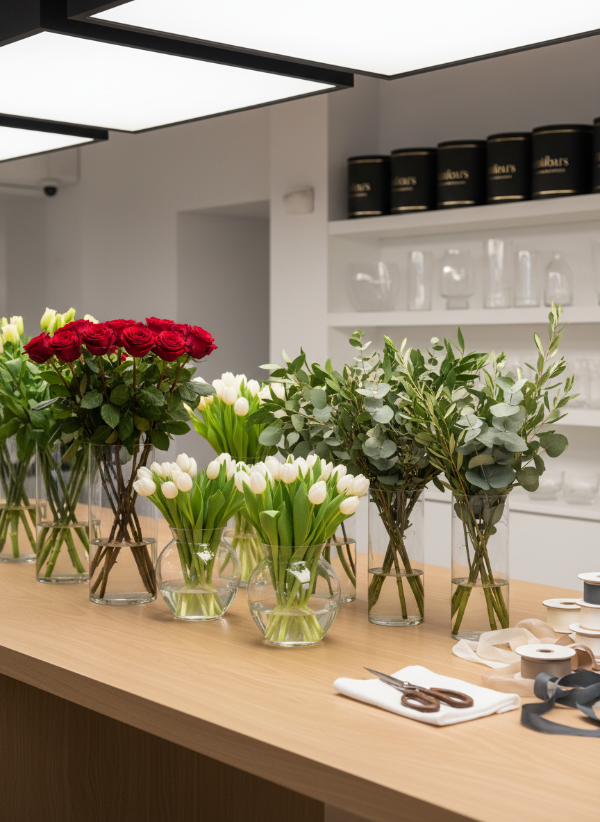 A meticulously organized preparation scene inside a high-end floral studio, without any people present: multiple clear glass vases in varying heights partially filled with water, each holding neatly sorted stems of roses, tulips, and greenery awaiting assembly. Stainless steel floral shears and spools of high-quality silk ribbons in neutral tones are arranged on a smooth, pale oak worktable. Overhead diffused studio lighting provides even illumination, bringing out every detail while creating soft, minimal shadows. In the blurred background, sleek white shelving displays an orderly selection of empty vases and branded black hatboxes. Photographed at eye level with moderate depth of field, the image communicates craftsmanship, precision, and the sophisticated behind-the-scenes process of Grilloli’s flower arrangements.