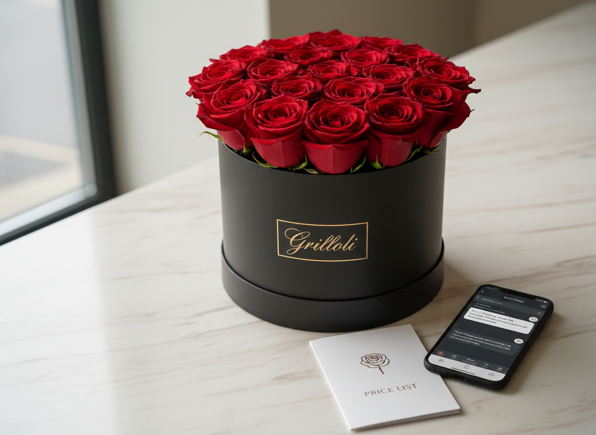 A luxurious round hatbox arrangement in a matte black box with a subtle embossed logo that reads “Grilloli” in delicate gold lettering, overflowing with tightly clustered deep red roses. Each rose displays intricate velvety texture and rich color. The box is placed on a smooth, pale marble surface beside a neatly arranged smartphone displaying a WhatsApp chat screen and a closed, minimalist price list booklet. Soft morning window light streams in from the left, creating gentle reflections on the marble and highlighting the gold details on the box. Shot at a three-quarter angle with the arrangement slightly off-center, the photographic composition feels modern, opulent, and clearly communicates easy ordering by WhatsApp.