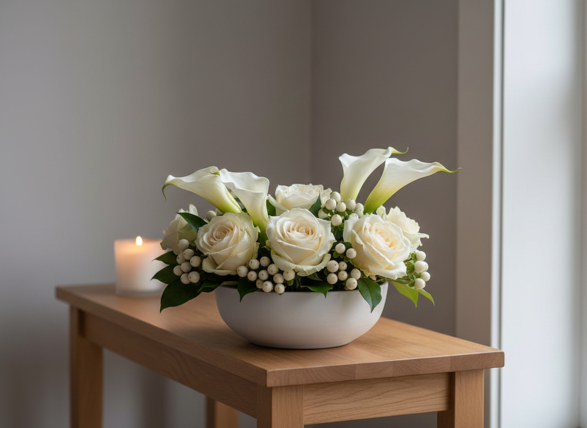 A refined sympathy arrangement composed of white calla lilies, cream roses, and soft silver brunia, elegantly structured in a low, matte-white ceramic bowl with a smooth, velvety finish. The arrangement is placed on a narrow console table of warm light wood against a soft gray wall. Overcast window light filters gently from the right, creating a calm, diffused illumination with delicate shadows that enhance the gentle curves of the flowers. The background is intentionally sparse, with only a single lit white candle in a frosted glass holder, slightly out of focus. Photographed at eye level with a centered, balanced composition, the image conveys serenity, respect, and quiet sophistication for condolence deliveries.