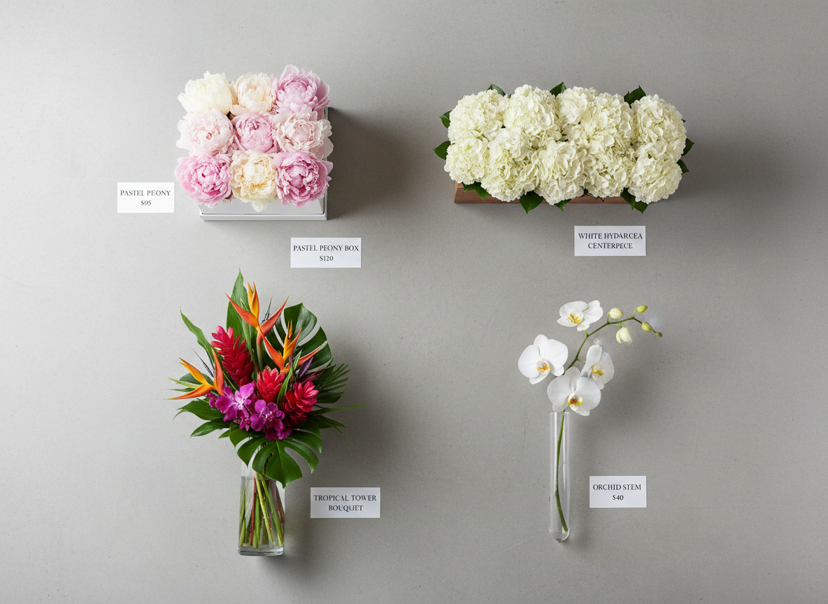 A meticulously curated catalog-style flat lay of four distinct floral arrangements: a compact pastel peony box, a long low centerpiece of white hydrangeas, a tall vertical bouquet of tropical flowers, and a minimalist single-orchid stem in a slim vase. Each arrangement is labeled with small, elegant printed price tags. They are placed on a smooth light gray concrete surface. Soft diffused studio lighting eliminates harsh shadows and enhances every texture and color. Shot from a bird’s-eye view with precise, symmetrical composition, the image exudes a clean, modern, and sophisticated e-commerce aesthetic, ideal for showcasing an organized floral catalog with clear pricing.